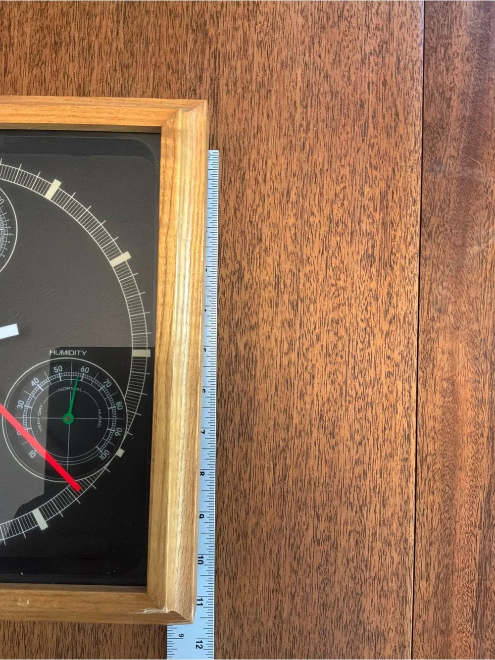 VTG Sunbeam Black Dial Wall Clock/Humidity/Barom. with Wood Frame and Red Hands